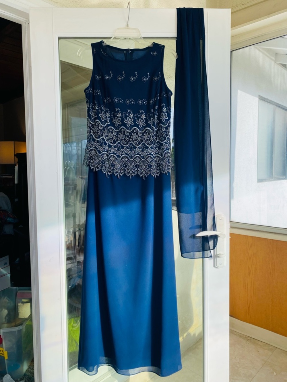 Scott McClintock Blue Lace Overlay Formal Dress Size 8 w/ Scarf